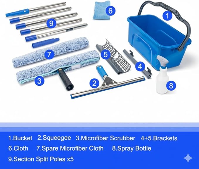 Window Cleaning Kit with 6ft Long Handle, 3 Gallon Bucket,14" Squeegee,15" Microfiber Scrubber,Spray Bottle, Cloth,Professional Window Washing Equipment Cleaner Tool for Outdoor Commercial Household