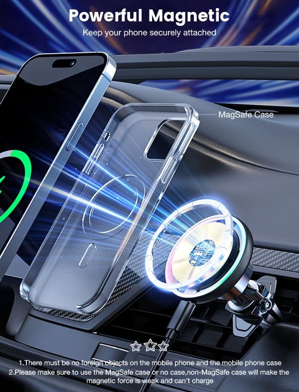 For Magsafe Car Mount Charger 15W LED RGB Car Phone Holder for Dash Vent