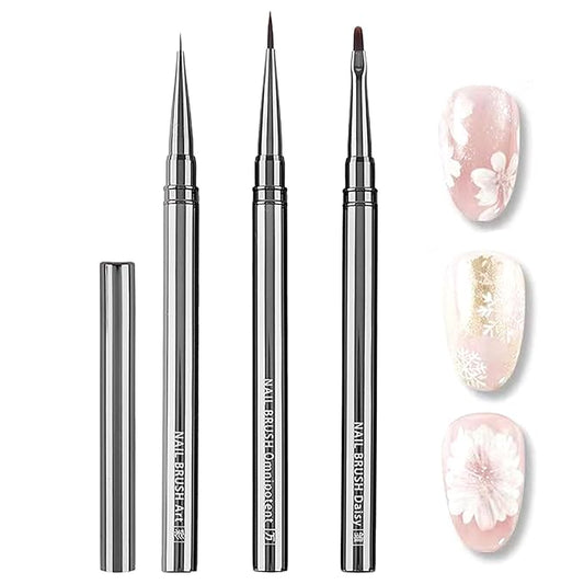 3Pcs Nail Art Brushes Set for Flower Petal Butterfly Drawing, 3D Gel Acrylic Nail Brush, Fine Liner Nails Design Tool, Professional Watercolor Painting Pen for Manicure DIY Salon