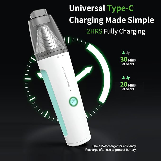 Car Vacuum, Handheld Vacuum Cordless 20000Pa Suction with 2 Suction Modes, 2-in-1 Portable Mini Car Vacuum Cleaner Cordless Vacuum Rechargeable Type-C Charge for Car, Desk, Keyboards（Green