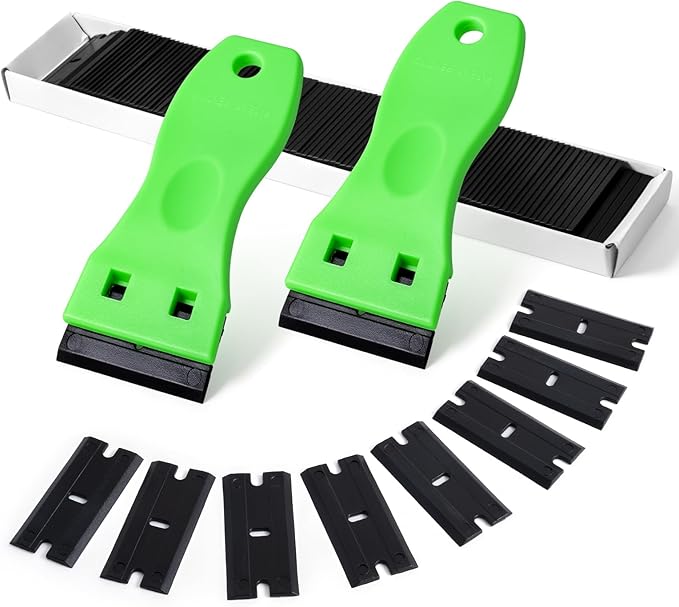 FOSHIO 2PCS Plastic Razor Blade Scraper Tool and 100PCS Plastic Blades for Gasket Remover, Sticker Remover, Labels Decal and Adhesive Remover for Windows and Glass (Lime Green)