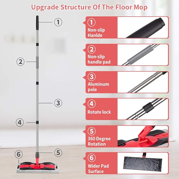 Microfiber Mops for Hardwood Floor Cleaning: MEXERRIS Flat Floor Mop with 4 Washable Pads 59" Adjustable Handle - Dust Dry Mops for Kitchen Bathroom Tile Laminate Wood Vinyl - Home Commercial Mop