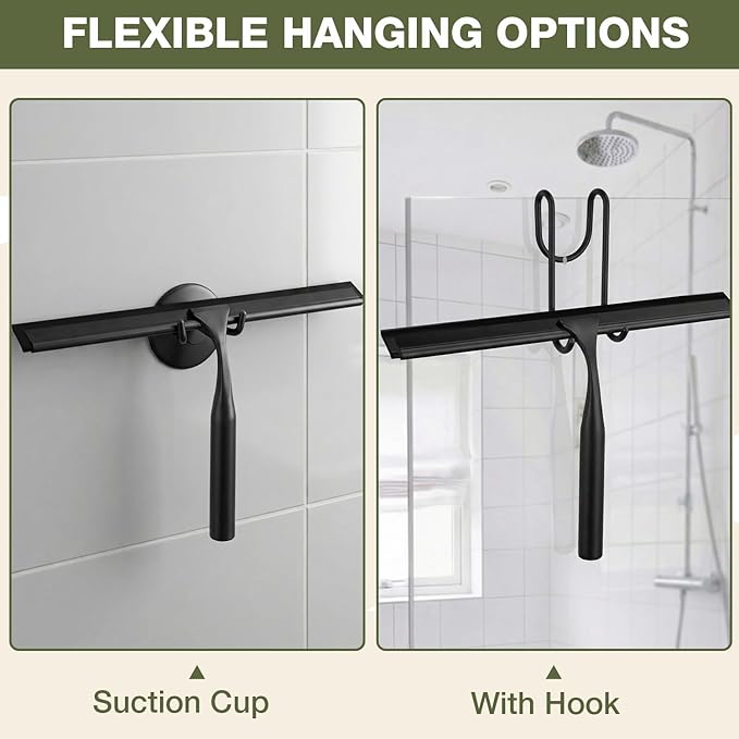 FARMER Shower Squeegee for Glass Doors, 10-Inch Glass Squeegee for Windows, Car Glass and Mirrors, Multi-Purpose Stainless Steel Squeegee with Suction Wall Hook and Over Door Hook, Black
