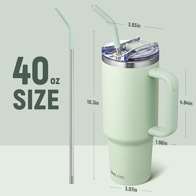 40 oz Tumbler with Handle and Straw Lid,Insulated Reusable Stainless Steel Water Bottle Travel Mug，Cupholder Friendly Double Wall Vacuum Sealed Cup (Light Green)