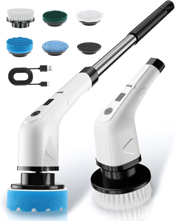 Electric Spin Scrubber, Cordless Power Scrubber for Bathroom Cleaning, 6 Replaceable Brush Heads, 360 RPM, Long Battery for Tub, Tile, Grout & Floor