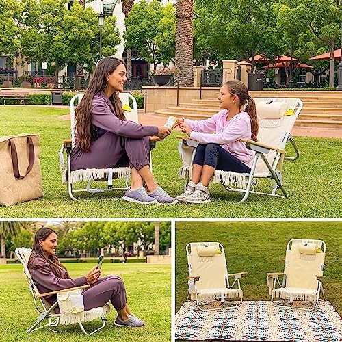 EasyGo Product Tassel Backpack Beach Chair 5 Positions and Cup Holder Pouch on Side-Padded Pillow-Storage Bag on Back – Lightweight Rustproof Aluminum – Black Frame, 2 Pack TAN
