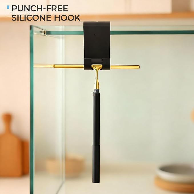 16.7“- 59.5" Long Handle Window Squeegee with Extension Pole, 12.4" Wide Metal Shower Squeegee for Glass Doors, 2-in-1 Squeegee for Home Window Cleaning, Tile Wall, Car (Gold)