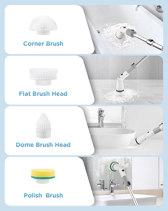 Electric Spin Scrubber, Cordless Power Brush Floor Scrubber with Adjustable Extension Arm and 4 Replaceable Bathroom Cleaning Brush Heads, Ideal for Tub, Tile, and Floor Cleaning