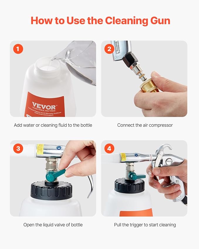 VEVOR Car Cleaning Gun, 6-9.2 Bar High-Pressure Air Blow Gun with 2 Set Nozzles & 1L Liquid Bottle, Vortex Cleaning Gun, Quickly Blasts Dirt and Dust from Surface, Work with 1/4 NPT Air Compressor