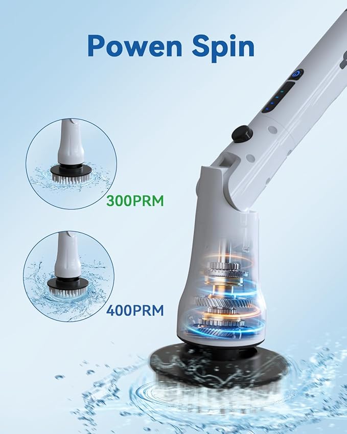 Electric Spin Scrubber, Hillyfe Bathroom Scrubber Electric with 7 Replaceable Brush Heads, IPX7 Waterproof,300/400 RPM, 3 Adjustable Length,Scrubber Brush Electric for Bathtub Floor,White