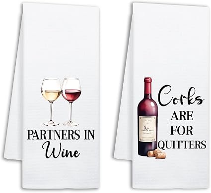 Funny Wine Kitchen Towels Set of 2, Corks are for Quitters, Decorative Dish Towels for Kitchen Bar, Wine Lover Gifts for