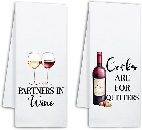 Funny Wine Kitchen Towels Set of 2, Corks are for Quitters, Decorative Dish Towels for Kitchen Bar, Wine Lover Gifts for