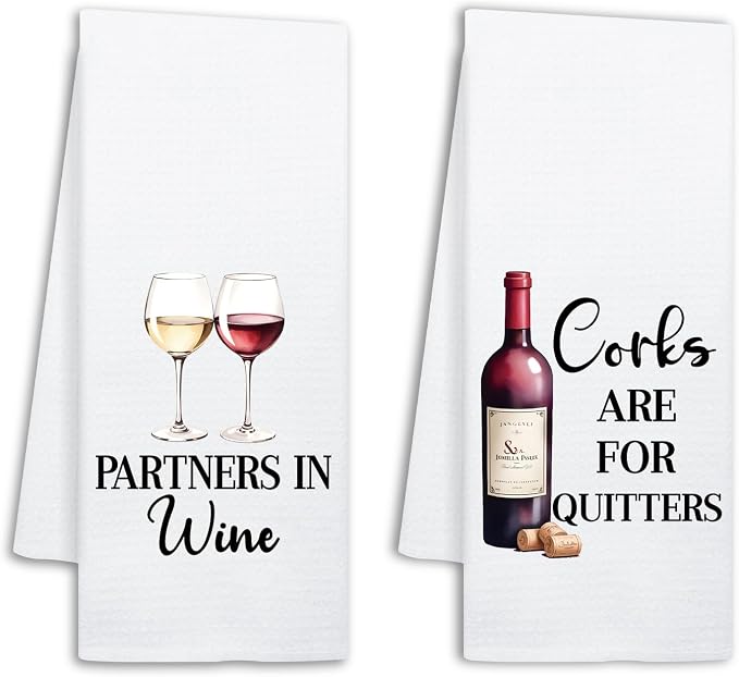Funny Wine Kitchen Towels Set of 2, Corks are for Quitters, Decorative Dish Towels for Kitchen Bar, Wine Lover Gifts for