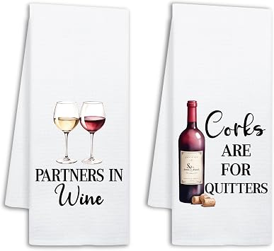 Funny Wine Kitchen Towels Set of 2, Corks are for Quitters, Decorative Dish Towels for Kitchen Bar, Wine Lover Gifts for