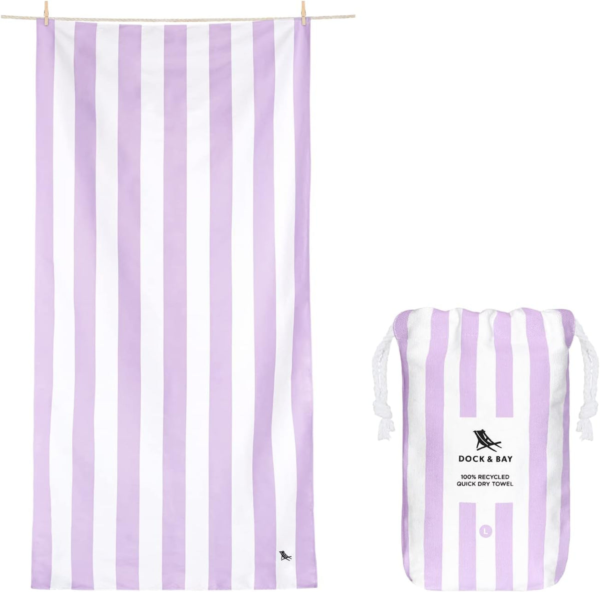Beach Towel - Quick Dry, Sand Free - Compact, Lightweight - 100% Recycled - Includes Bag - Cabana Light - Lombok Lilac - Large (160x90cm, 63x35)