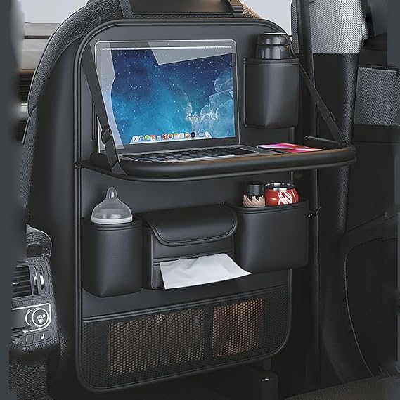 Car Backseat Organizer with Foldable Table Tray,Car Seat Back Protector with Touch Screen Phone Holder,Premium PU Leathe