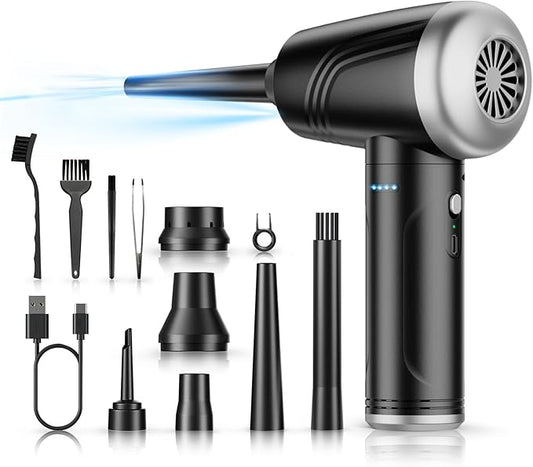 Compressed Air Duster, BANKKY 11-in-1 Cordless Keyboard Cleaner for Office, 120000RPM Electric Air Duster for Computer, Conditioner, etc (Black+Silver)