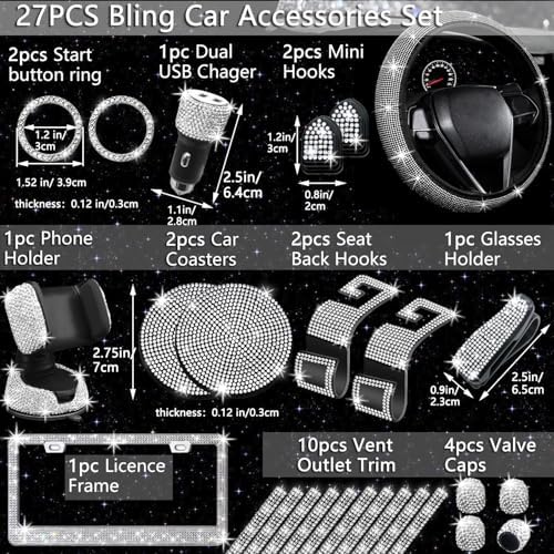 27 PCs Bling Car Accessories Set for Women, Steering Wheel Covers Universal Fit 15 Inch, Bling License Plate Frame, Bling Phone Holder, Bling Car Coasters (Silver Diamond)