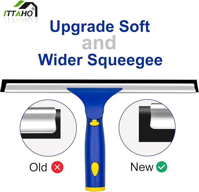 Window Squeegee with Extension Pole, Separate 12" Squeegee & 11" Microfiber Scrubber Heads, Window Cleaning Kit for Hard-to-Reach Windows, Shower Doors, Car Windshields, Indoor Outdoor-2 Pads