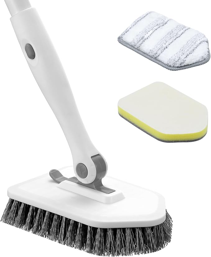 nacena Shower Scrubber with Long Handle, 4 in 1 Tile Tub Scrubber Brush with 3 Detachable Cleaning Shower Heads and Floor Squeegee Shower Cleaner Brush for Bathroom Kitchen Tub Sink Floor, Grey White