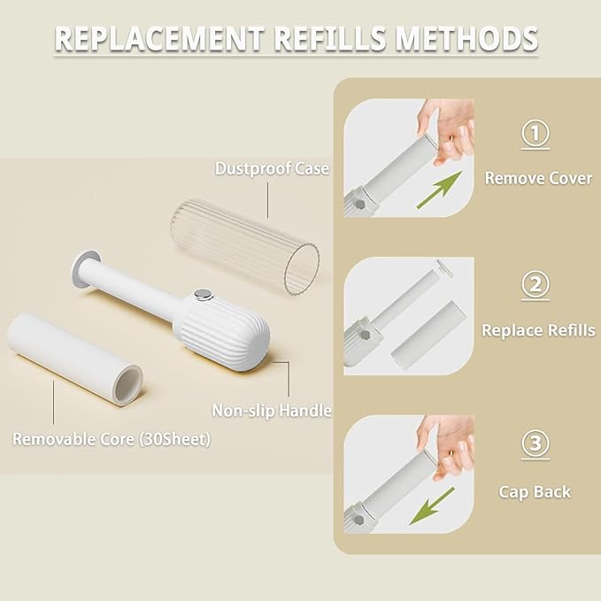 Compact Lint Roller with 150 Sheets - Portable Pet Hair Remover for Clothes, Furniture, and Travel Essentials Household Use, 1 Handle+5 Roller Refills (White)
