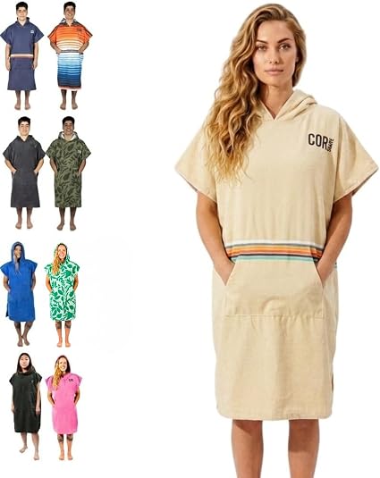 COR Surf Wetsuit Changing Robe, Hooded Surf Poncho Towel, Large Retro Sand