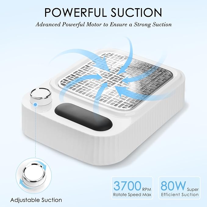 Nail Dust Collector with Reusable Filter for Acrylic Gel Nails, Vacuum Fan Dust Collector for Beginner, Adjustable Nail Vacuum Suction Fan for Manicure Pedicure at Salon or Home
