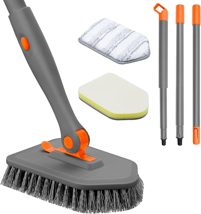 nacena Shower Scrubber with Long Handle, 3 in 1 Tile Tub Scrubber Brush with 3 Detachable Cleaning Heads Adjustable Handle Shower Cleaner Brush for Bathroom, Kitchen, Toilet, Wall, Sink, Grey Orange
