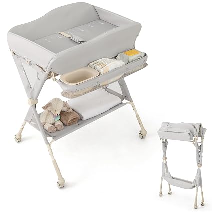 HONEY JOY Changing Table, Folding Mobile Diaper Nursery Organizer w/Wheel, 3 Adjustable Heights, Storage Bag & Open Shel