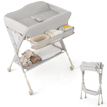 HONEY JOY Changing Table, Folding Mobile Diaper Nursery Organizer w/Wheel, 3 Adjustable Heights, Storage Bag & Open Shel