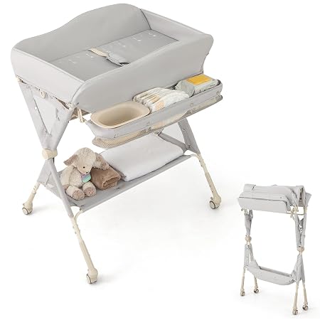 HONEY JOY Changing Table, Folding Mobile Diaper Nursery Organizer w/Wheel, 3 Adjustable Heights, Storage Bag & Open Shel