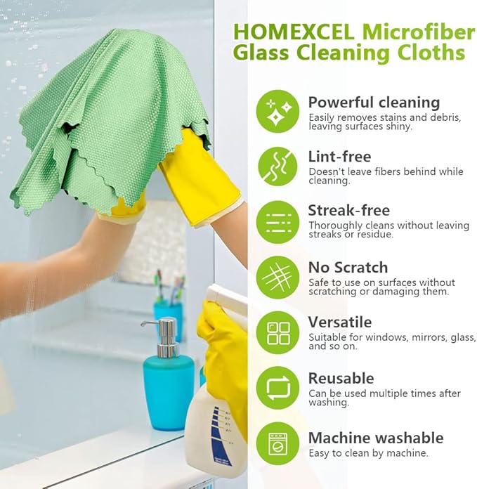 HOMEXCEL Microfiber Glass Cleaning Cloths-6PK, 16"x14" Lint Free Window Cleaning Cloth, Glasses, Mirrors, Screens, Stainless Steel, Premium Magic Cleaning Cloth for Glass and Window Cleaner