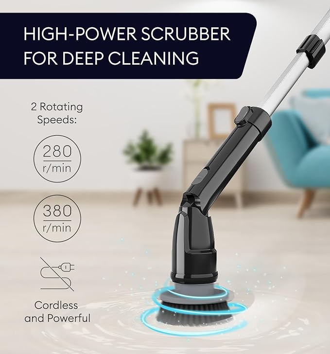 Electric Spin Scrubber, 360 Cordless Powerful Scrub Brush for Cleaning Bathroom, Tile, Floor, Tub & Shower with Adjustable Extension Handle and 3 Replaceable Rotating Brush Heads (Packaging May Vary)