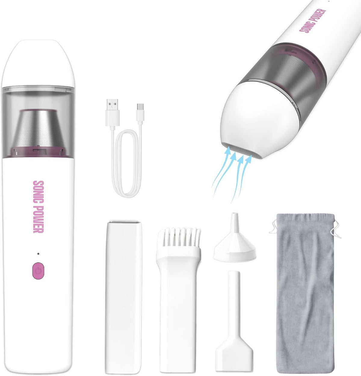 Portable Cordless Car Vacuum, 15000Pa High Suction Handheld Vacuum Cleaner, 2-in-1 Vacuum & Blower, with 4 Attachments & Portable Storage Bag for Car, Home, Pet & Office (White & Pink)