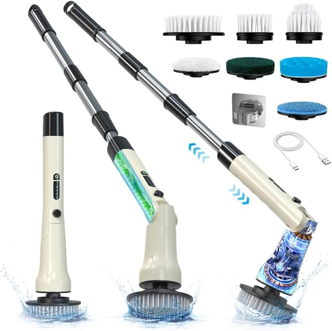 Electric Spin Scrubber, Hillyfe Bath Scrubber for Cleaning with 7 Replaceable Brush Heads, IPX7 Waterproof,300/400 RPM, 3 Adjustable Size,Cordless Shower Cleaner Brush for Bathroom Floor,Beige