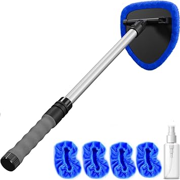 Windshield Cleaner Tool with Extendable Aluminum Handle (Up to 19.7"), Streak-Free Auto Glass Cleaning Kit with 4 Thick 