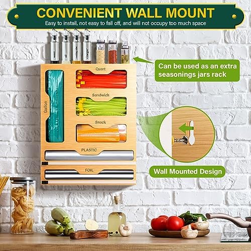 Bag Organizer and Plastic Wrap Dispenser with Cutter, 6 In 1 Bamboo Foil and Plastic Wrap Organizer for Kitchen Drawer, Food Storage Bag Organizer for Gallon,Quart,Sandwich,Snack(Yellow)