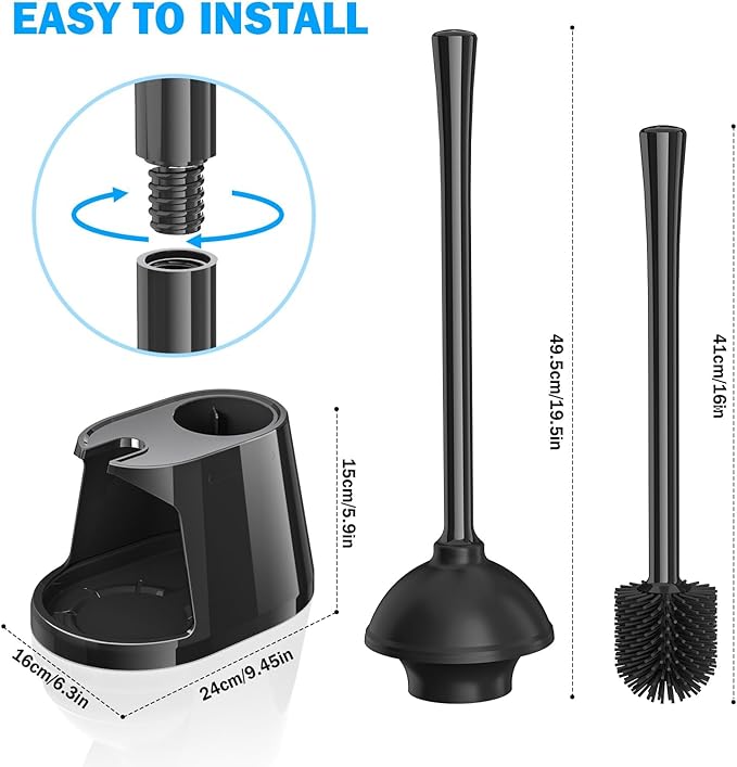 Toilet Plunger and Brush Set, Bowl Brush and Heavy Duty Toilet Plunger with Ventilated Holder, 2-in-1 Toilet Brush and Plunger Combo for Bathroom Deeply Cleaning（Black