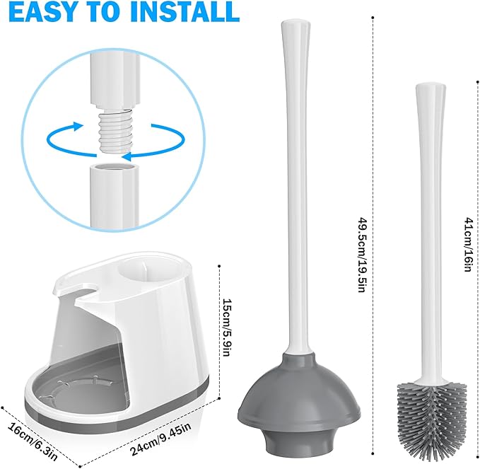 Toilet Plunger and Brush Set, Silicone Bowl Brush and Heavy Duty Toilet Plunger with Ventilated Holder, 2-in-1 Toilet Brush and Plunger Combo for 5.3-inch Toilet Drain Bathroom Deeply Cleaning