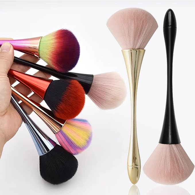 2Pcs Nail Dust Brush Cleaner for Acrylic, Dip Powder, Makeup, Blush - Large Manicure Clean Up Tool - Nail Art Brushes (Gold+Black)