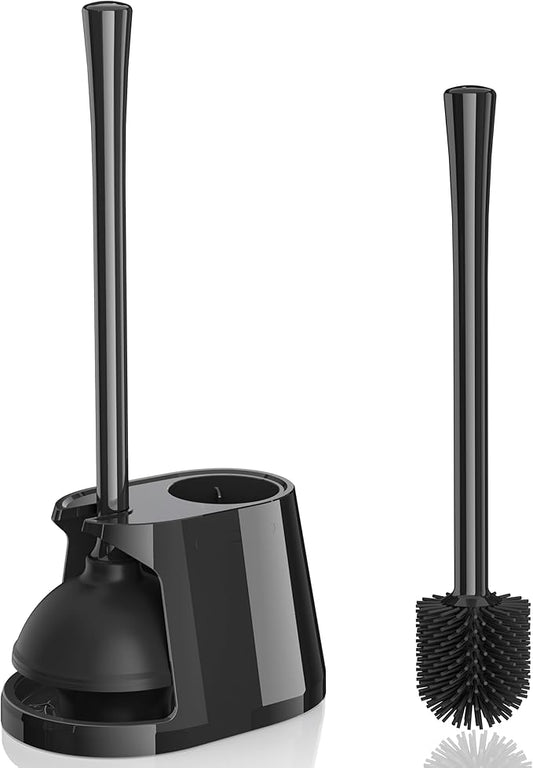 Toilet Plunger and Brush Set, Silicone Bowl Brush and Heavy Duty Toilet Plunger with Ventilated Holder, 2-in-1 Toilet Brush and Plunger Combo for 5.3-inch Toilet Drain Bathroom Deeply Cleaning (Black)