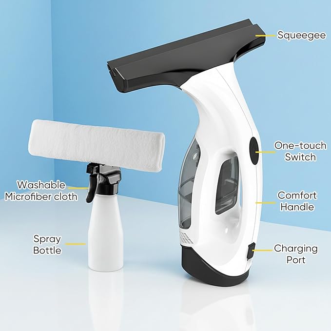 Cordless Window Vacuum Squeegee with Detachable Water Tank, 2000Pa Strong Suction, Rechargeable Glass Cleaner for Windows, Shower, Mirror & Tiles, Lightweight 2-in-1 Wiper with Microfiber Pad