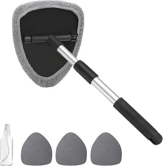 Windshield Cleaning Tool, Car Window Cleaner with Extendable Handle, 4 Microfiber Pads and Spray Bottle, Auto Interior Exterior Glass Wiper Cleaning Kit Universal for RV, SUV, Truck (Gray)