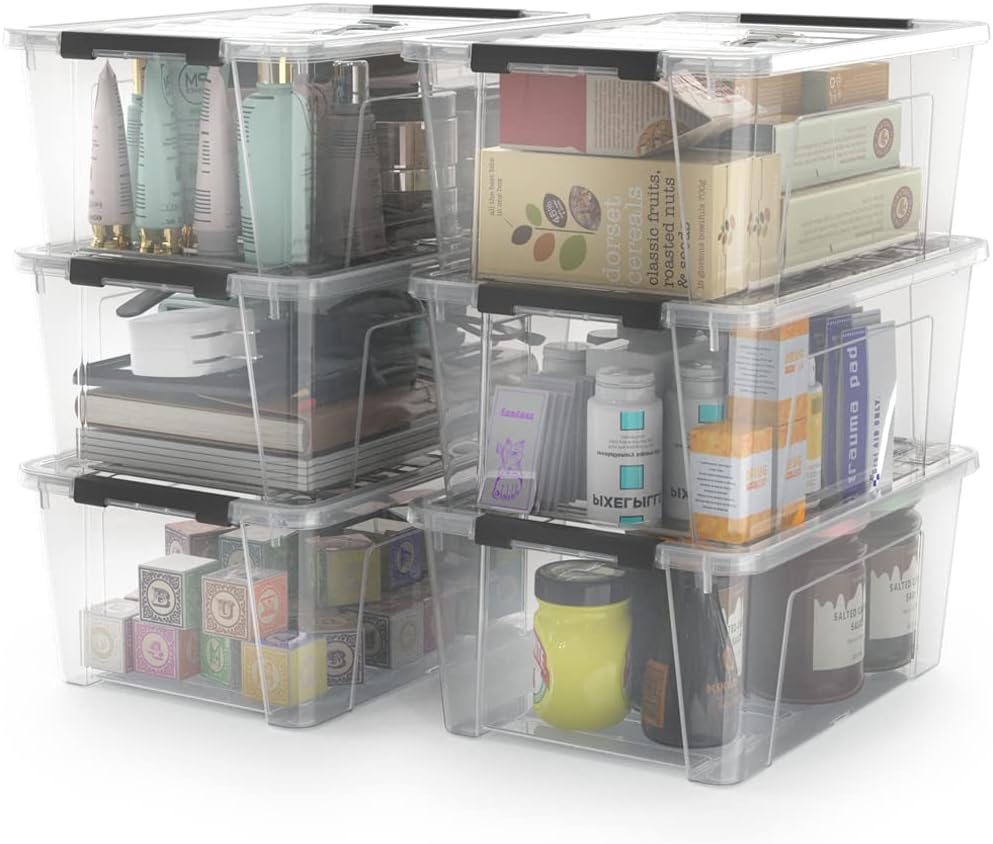 Clear Storage Latch Bins, 6-Pack Storage Organizer Box with Handle and Lids, 5-Litre