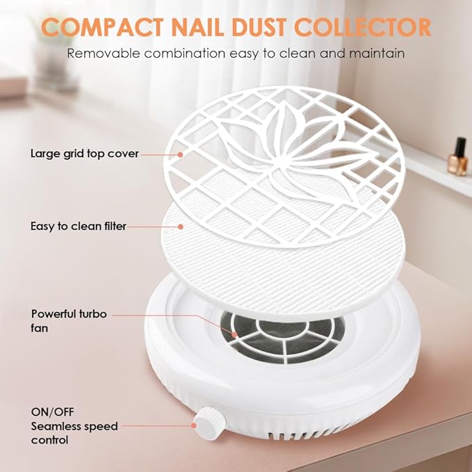 Nail Dust Collector for Nail Tech, 4500RPM Portable Nail Vacuum Fan with Adjustable Suction, 2Pcs Reusable Filter & Easy-Control for Beginners,Nail Students & Home Use, White