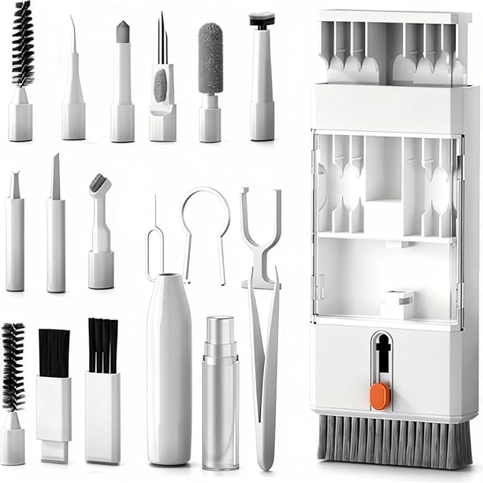 22 in 1 Multifunctional Cleaner Kit for AirPods and Electronic Devices, Keyboard, Laptop for iPad, iPhone, Camera, Earbuds, with Retractable Brush, Keycap Puller, Spray & Microfiber Cloth