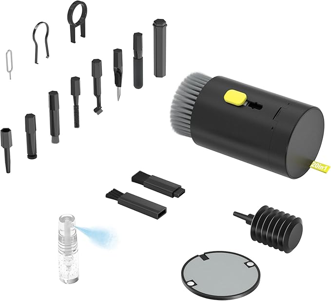 Tounee Keyboard Cleaner Kit, Electronics Cleaning Kit with Retractable Big Brush, Portable, 20 in 1 Multi-Tool Kit for Phones, Tablet, Computer, PC Monitor,TV Camera Lens with 2.5ml Mist Spray (Black)