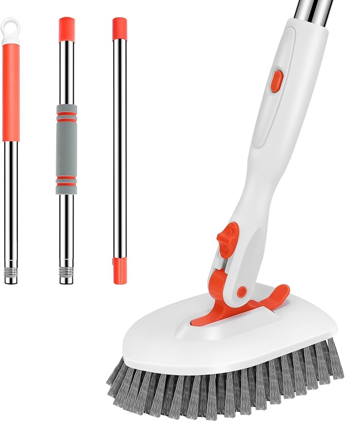 SetSail Floor Scrub Brush, Tile Tub Floor Scrubber with 52-inch Adjustable Long Handle Shower Cleaner Brush for Cleaning Toilet Kitchen Bathroom Tub Tile Wall Sink, White Orange