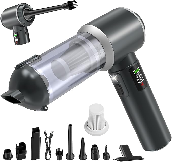 4-in-1 Handheld Vacuum Cordless&Air Duster, 28000pa Suction Power Car Vacuum Portable Cordless, Mini Vacuum with Digital Display and One-Click Dust Emptying for Car Home Office Kitchen Pet Hair(Gray)