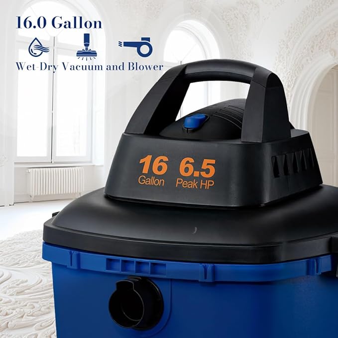 Koblenz WD-16 L4 Wet Dry Vacuum Cleaner, 16 Gallon Wet Dry Vac, 6.5 PHP, 3-in-1 Suction & Blower, Click-N-Lock Hose, Drain Plug, Big Vacuum Cleaner for Carpet & Floors, Swivel Casters, Black/Blue